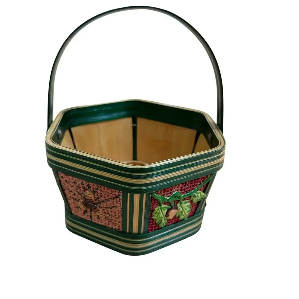 Hexagonal Basket Wooden Oak Leaf Acorn Fall Decor Small Green Brown Red Blue